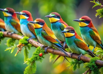 Fototapeta premium Stunning Display of Colorful Birds Perched on Branches in a Lush Green Natural Habitat