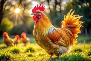 Fototapeta premium Stunning Golden Comet Chicken Breed Showcasing Its Vibrant Feathers in a Natural Farm Setting