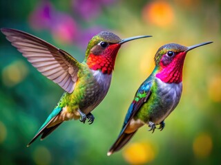 Fototapeta premium Stunning Male and Female Hummingbirds Captured in Vibrant Colors and Graceful Flight in Nature