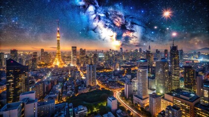 Obraz premium Stunning Night View of Tokyo's Skyline with Bright Lights and Starry Sky in a Cosmic Atmosphere