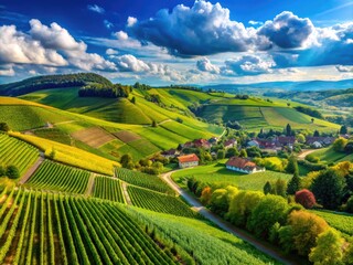 Fototapeta premium Stunning Ortenau Panorama Showcasing Scenic Landscapes of Hills, Vineyards, and Blue Skies