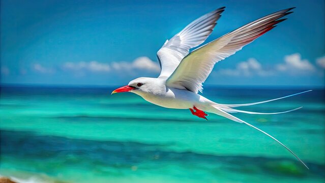 Stunning Red-Billed Tropic Bird in Flight Over Turquoise Ocean Waters Against a Clear Blue Sky