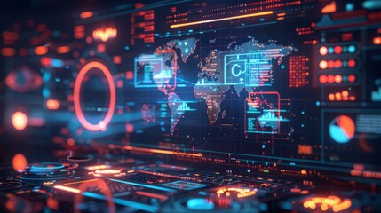 Obraz premium A futuristic digital landscape featuring graphs and charts that illustrate exponential growth, with a magnifying glass positioned over a search engine results page. This scene includes icons represent