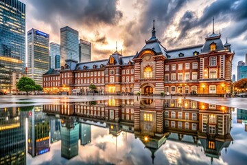 Fototapeta premium Stunning Tokyo Station Reflection on Rainy Day Showcasing Urban Architecture and City Life