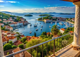 Stunning View from Balcony Overlooking Hvar Island and Harbor in Beautiful Croatia Landscape