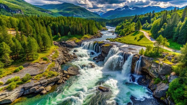 Stunning View of Otta River Waterfall in Oppland, Norway Surrounded by Lush Greenery and Rocks