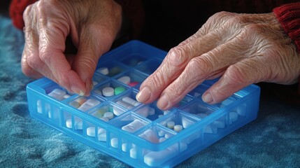 A close-up of elderly hands sorting medication in a pill organizer, highlighting the importance of medication management and senior care. This image captures the essence of daily healthcare routines - Powered by Adobe