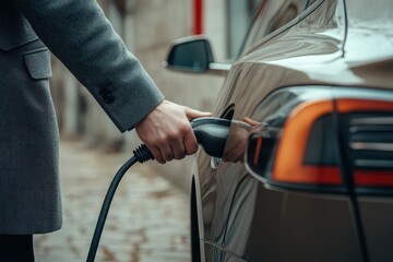 Man's Hand Plugging in Electric Car Charger