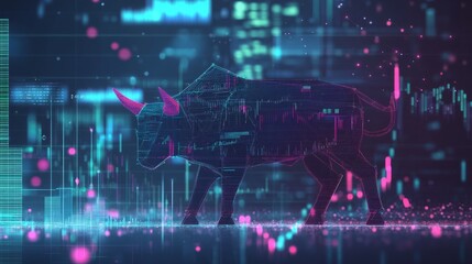 A futuristic concept of a bull market, featuring cutting-edge digital design and data graphics that illustrate the bullish trend in the stock market. This visual representation highlights financial