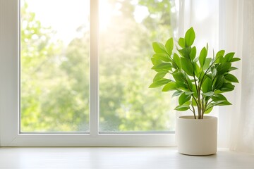 Fototapeta premium Green Potted Plant Near Bright Window With Warm Sunlight Streaming In