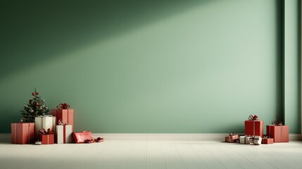 Christmas gifts and tree in a minimalistic green room with soft lighting.