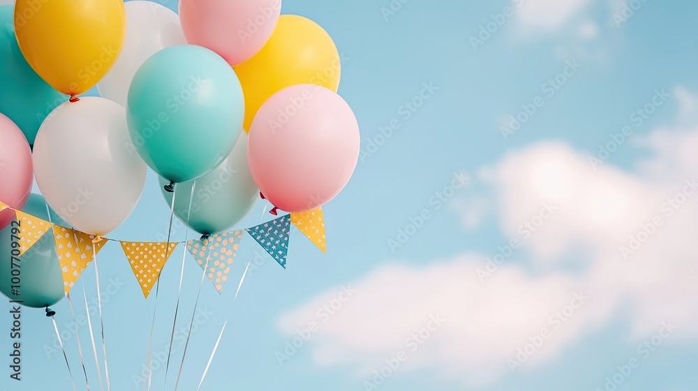 Wall mural colorful balloons float against a clear blue sky, adorned with cheerful bunting flags, creating a fe