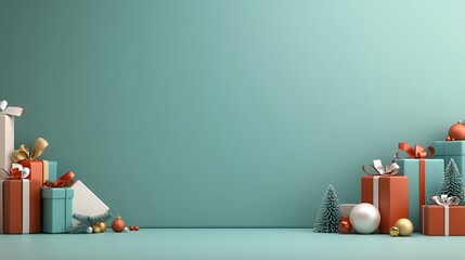 Colorful Christmas gifts and decorations on a pastel backdrop.