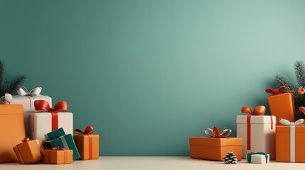 Colorful Christmas gifts arranged against a teal background.