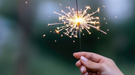 A hand holds a sparkler, emitting bright, radiant sparks against a blurred natural background, evoking a sense of celebration and joy.