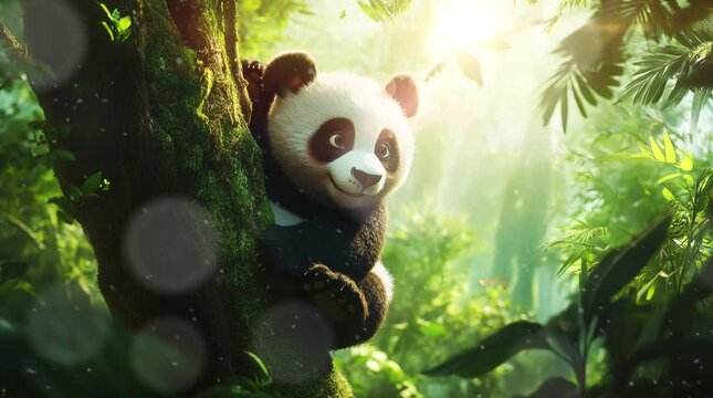 giant panda in the forest. Virtual 4K video animation background with looping time lapse with very smooth graphics.