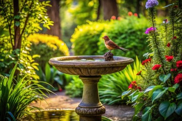 Tranquil Small Bird Bath Surrounded by Lush Greenery in a Charming Garden Setting