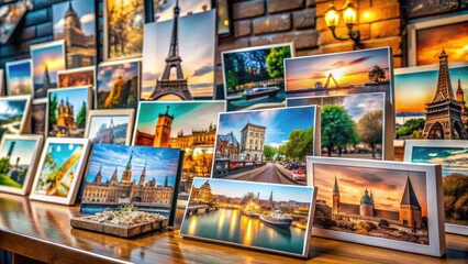 Travel Photography Display Featuring Iconic Landmarks and Popular Tourist Destinations on Table