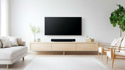 minimalist living room featuring sleek design with focus on functionality. space includes comfortable sofa, stylish TV unit, and vibrant indoor plant, creating serene atmosphere