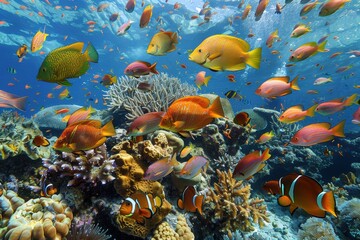 underwater ecosystem with a variety of brightly colored fish and coral formations. The serene aquatic environment invites exploration and admiration of marine life.