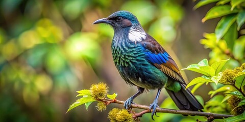 Naklejka premium Tui Bird Perched on Branch Surrounded by Lush Greenery in a Vibrant Natural Habitat Scene