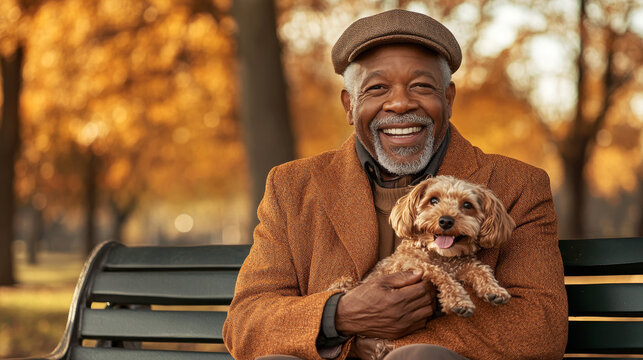 joyful senior man with warm smile holds small dog in park surrounded by autumn leaves. scene radiates happiness and companionship - Powered by Adobe
