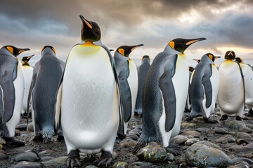 Fototapeta premium a group of emperor penguin chicks huddled together on an icy plain. Their soft feathers and innocent expressions capture the beauty of Antarctic wildlife.