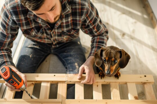 A man in his thirties uses an electric drill to build wooden panels in his modern apartment. Beside him sits a small dachshund dog with brown fur and black ears.