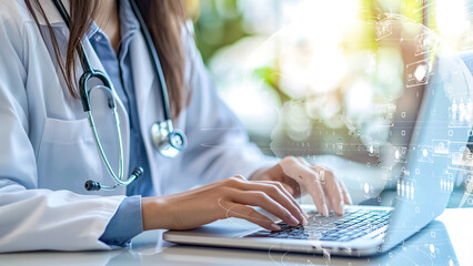 Doctor working on a laptop with futuristic medical data overlays