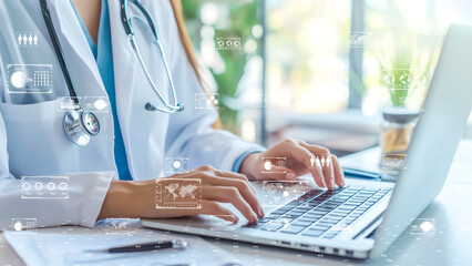 Doctor working on a laptop with futuristic medical data overlays