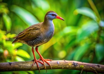 Unique Aldabra Rail Bird Perched on Branch with Lush Green Background in Natural Habitat Scene