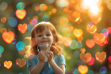 A cute little girl holds soap bubbles in the shape of hearts, an outdoor portrait with a soft focus, blurred background, Generative AI
