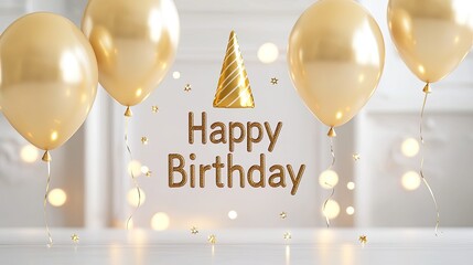 A festive image featuring golden balloons, a party hat, and the message "Happy Birthday," creating a cheerful celebration atmosphere.