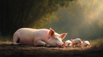 A mother pig peacefully resting with her adorable piglets in a serene environment.