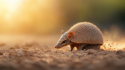 Armadillo walking on ground with blurred background and warm sunlight.