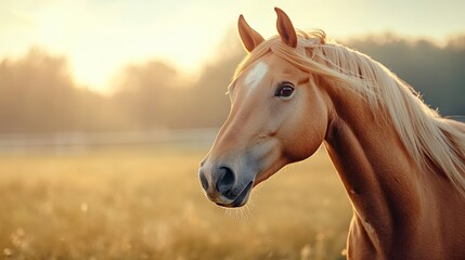 Fototapeta premium Beautiful horse portrait with golden mane in a sunlit field.