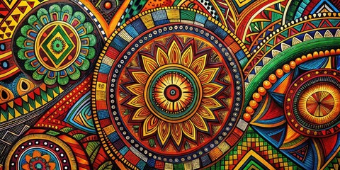 Vibrant African Culture Drawing Featuring Traditional Patterns, Symbols, and Intricate Designs