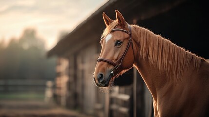 Fototapeta premium A beautiful brown horse standing calmly near a stable at sunset.
