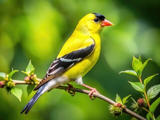 Fototapeta premium Vibrant American Goldfinch Perched on a Branch in a Lush Green Garden During Bright Sunny Day