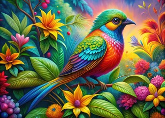 Vibrant and Colorful Bird Painting with Lush Background in Bright Hues and Intricate Details
