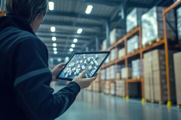 A warehouse worker uses a tablet to check inventory and navigate the large warehouse.