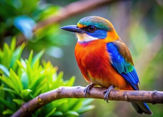 Vibrant Australian Bird Perched on Branch Surrounded by Lush Greenery in Natural Habitat Setting