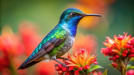 Fototapeta premium Vibrant Bee Hummingbird Perched on a Flower, Showcasing Its Iridescent Feathers in Nature's Beauty