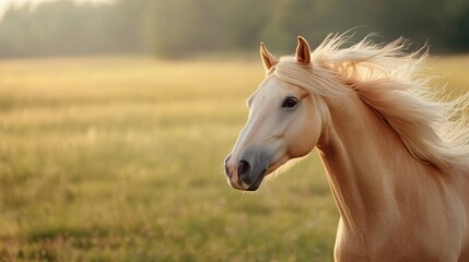 Obraz premium A beautiful palomino horse in a serene grassy field during golden hour.