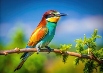 Obraz premium Vibrant Bird Perched on a Branch Against a Clear Blue Sky in a Lush Green Environment