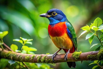 Obraz premium Vibrant Bird Perched on a Branch Surrounded by Lush Green Foliage in a Serene Natural Setting
