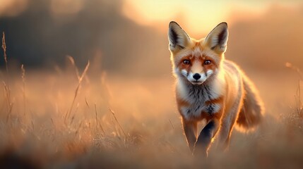 A fox walking in a sunlit field, showcasing its vibrant fur and keen expression.