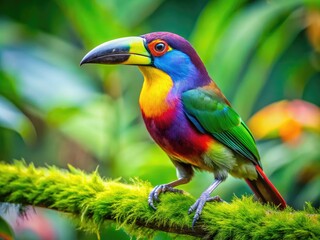 Obraz premium Vibrant Bird with a Colorful Beak Perched on a Branch in a Lush Green Environment