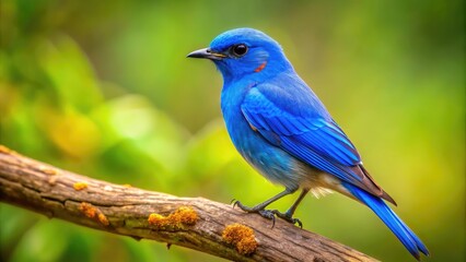 Obraz premium Vibrant Blue Bird Perched on a Branch Against a Soft Focus Natural Background in Bright Colors
