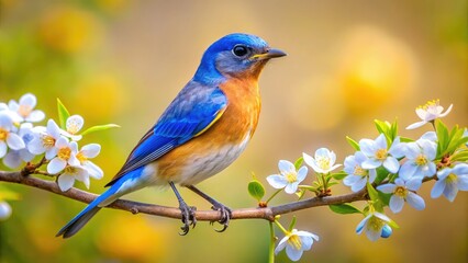 Vibrant Bluebird Perched on a Branch Against a Soft Focused Natural Background in Springtime